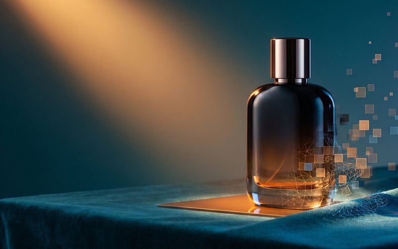 A flawless, premium product photo of a bottle under warm light, dissolving into floating pixels at one edge -- an AI-generated product image that looks real but is not quite.