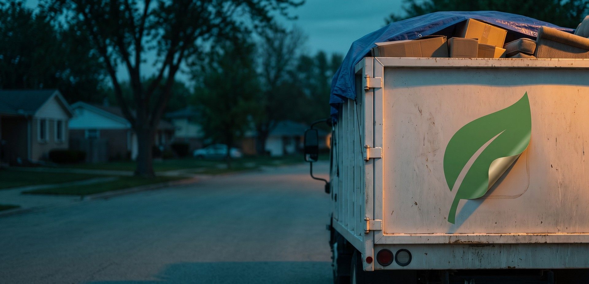 The back of a white junk removal truck at dusk with a plain green leaf decal on the tailgate, one corner peeling away from the steel, and a load of boxes and an armchair under a blue tarp above it