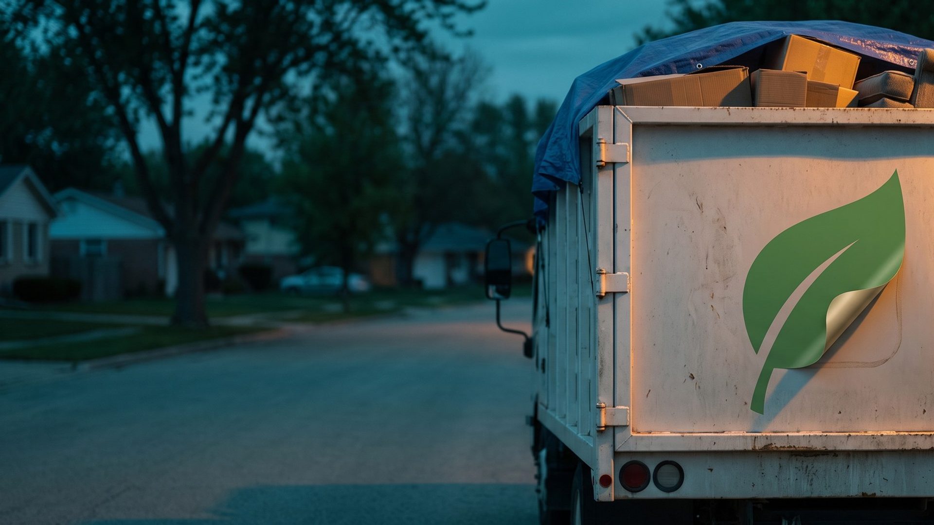 The back of a white junk removal truck at dusk with a plain green leaf decal on the tailgate, one corner peeling away from the steel, and a load of boxes and an armchair under a blue tarp above it