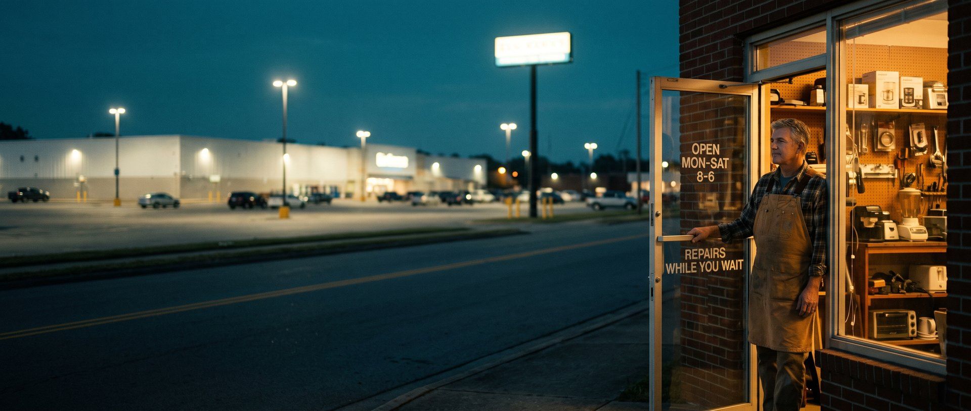 A small independent repair shop at dusk, its owner in a work apron standing in the open doorway, while across the road a huge big-box chain store and its parking lot glow under tall lights.