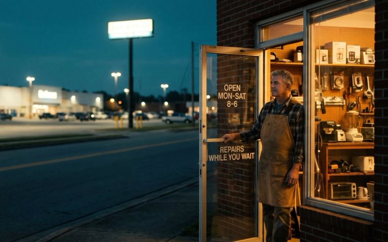 A small independent repair shop at dusk, its owner in a work apron standing in the open doorway, while across the road a huge big-box chain store and its parking lot glow under tall lights.