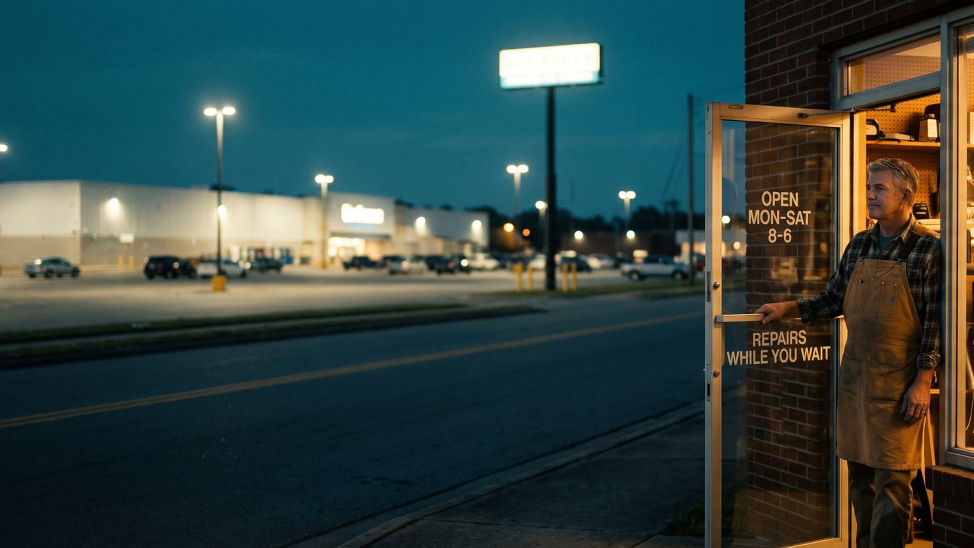 A small independent repair shop at dusk, its owner in a work apron standing in the open doorway, while across the road a huge big-box chain store and its parking lot glow under tall lights.