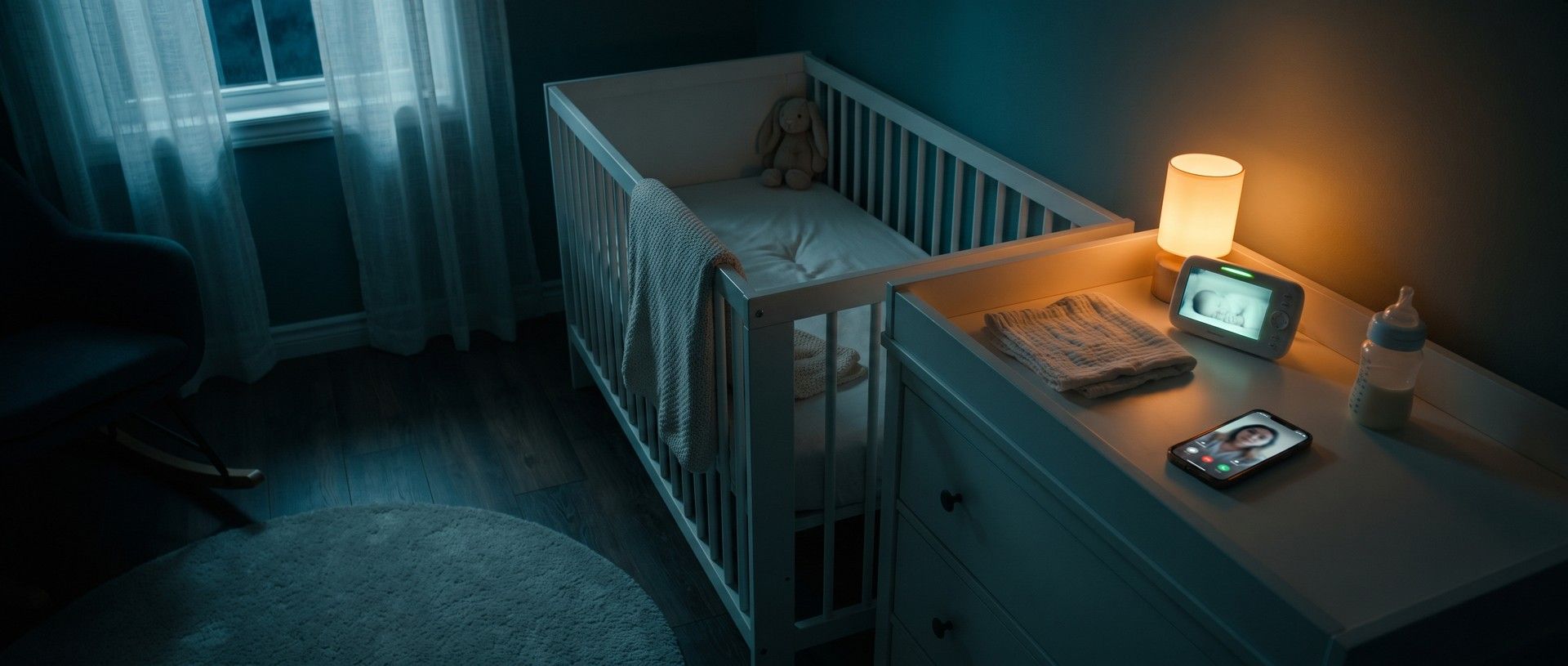A dim nursery at night: an empty white crib with a knitted blanket over the rail, and beside it a changing dresser with a glowing night-light, a baby monitor showing a sleeping newborn, a half-full bottle and a phone lit face up