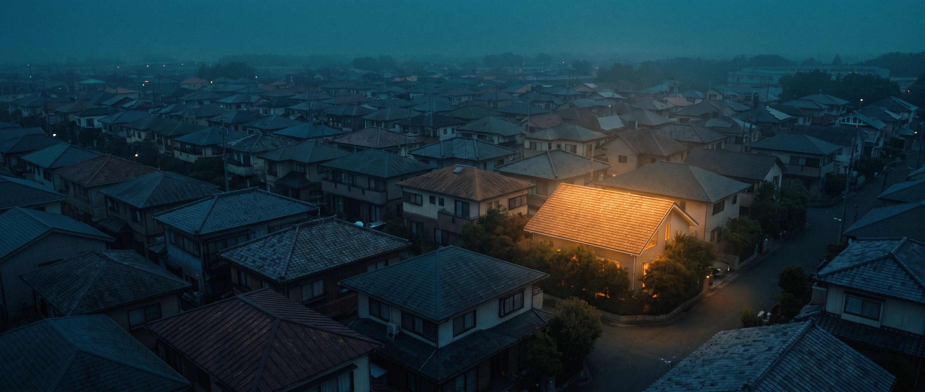 A suburban neighborhood at dusk, every rooftop dark except one house lit warm amber