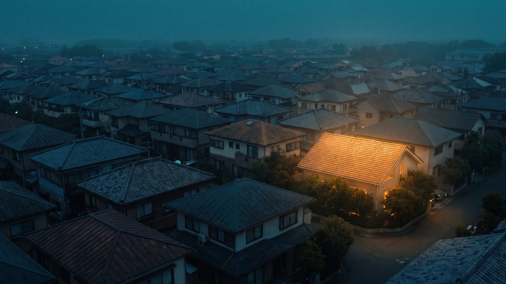 A suburban neighborhood at dusk, every rooftop dark except one house lit warm amber