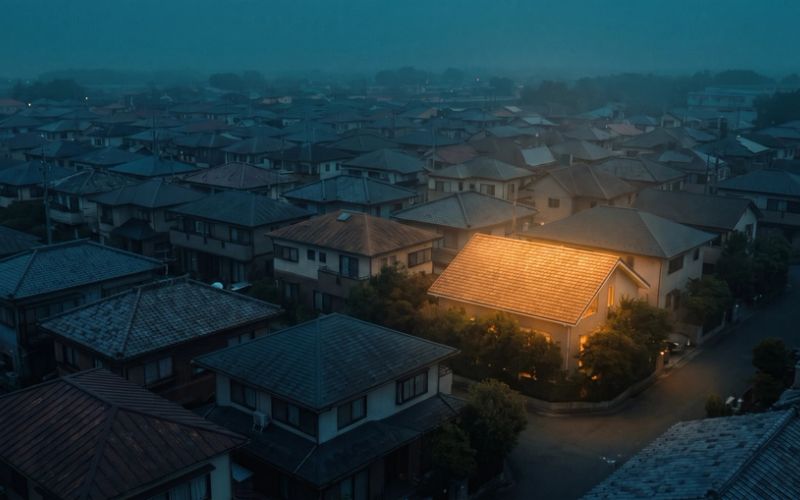 A suburban neighborhood at dusk, every rooftop dark except one house lit warm amber