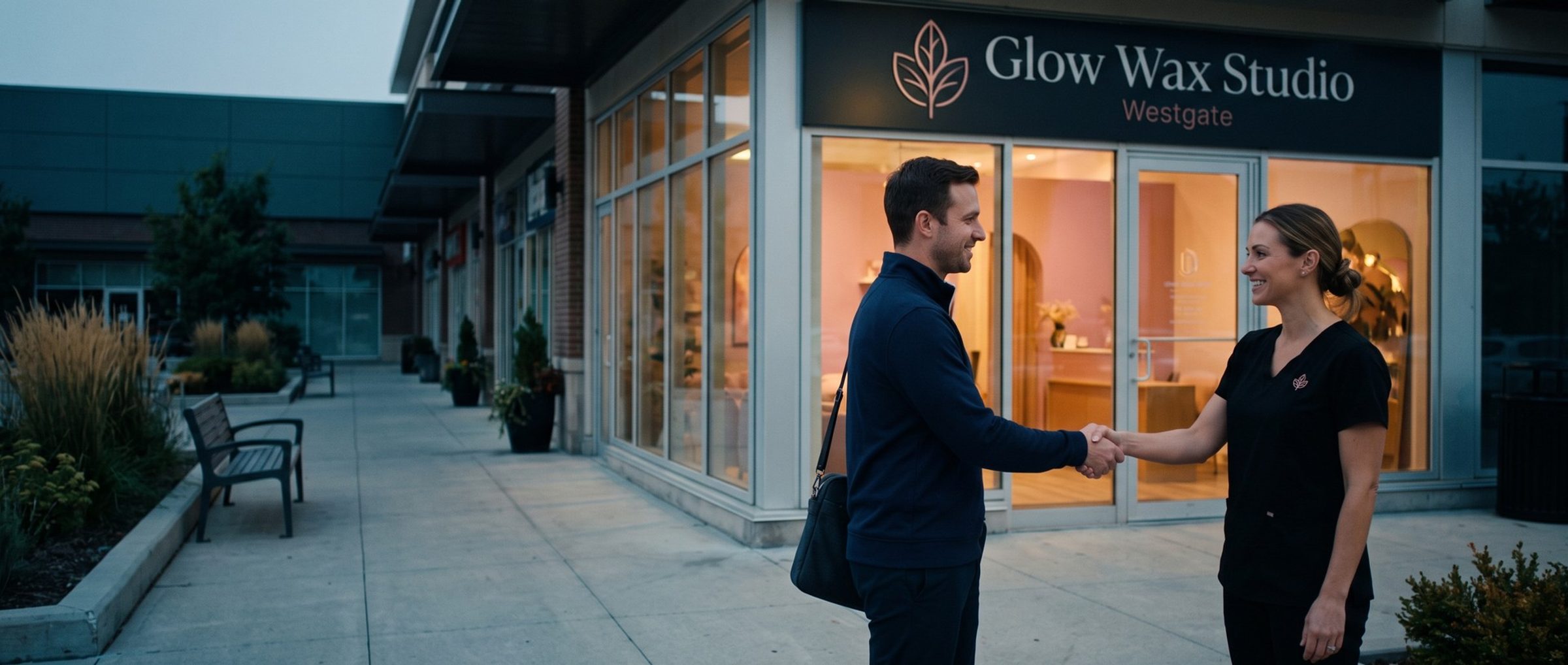 At dusk outside a wax studio, the owner in a black studio top shakes hands with a man in a navy quarter-zip carrying a laptop bag, the lit storefront glowing behind them