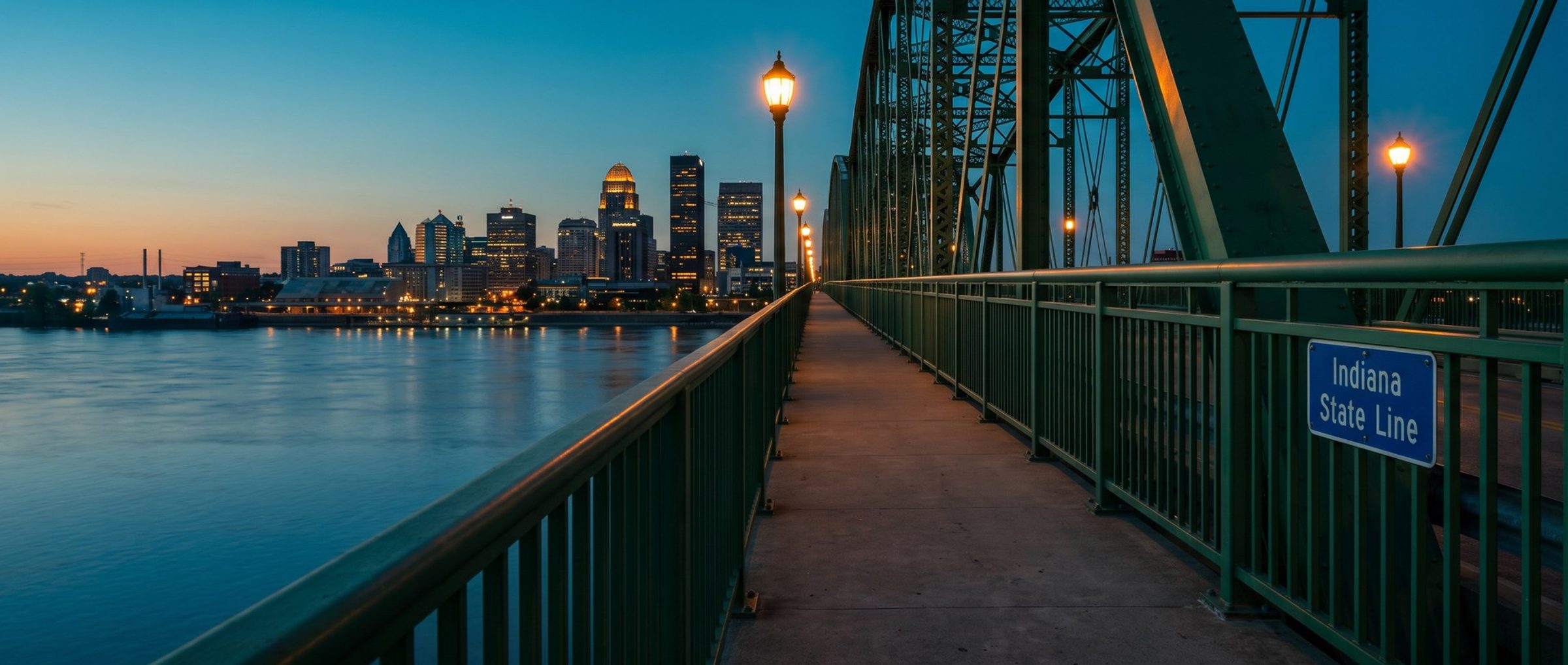 At dusk on the walkway of a green steel bridge over the Ohio River, a small blue sign on the railing reads Indiana State Line, with the Louisville skyline lit up across the water