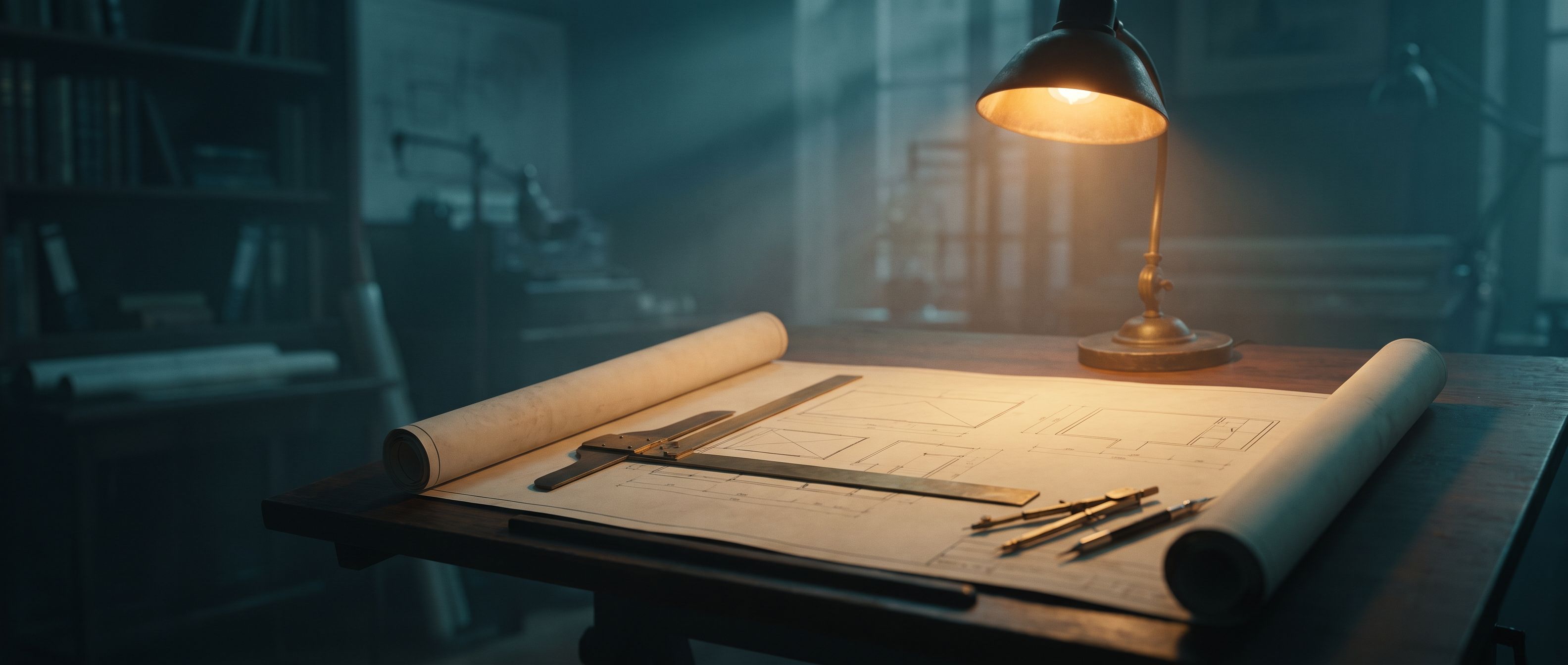 An architect's rolled-out blueprint on a dark drafting table lit warm amber with drafting tools resting on it, the room in deep teal shadow - the plan you draw before anything gets built.