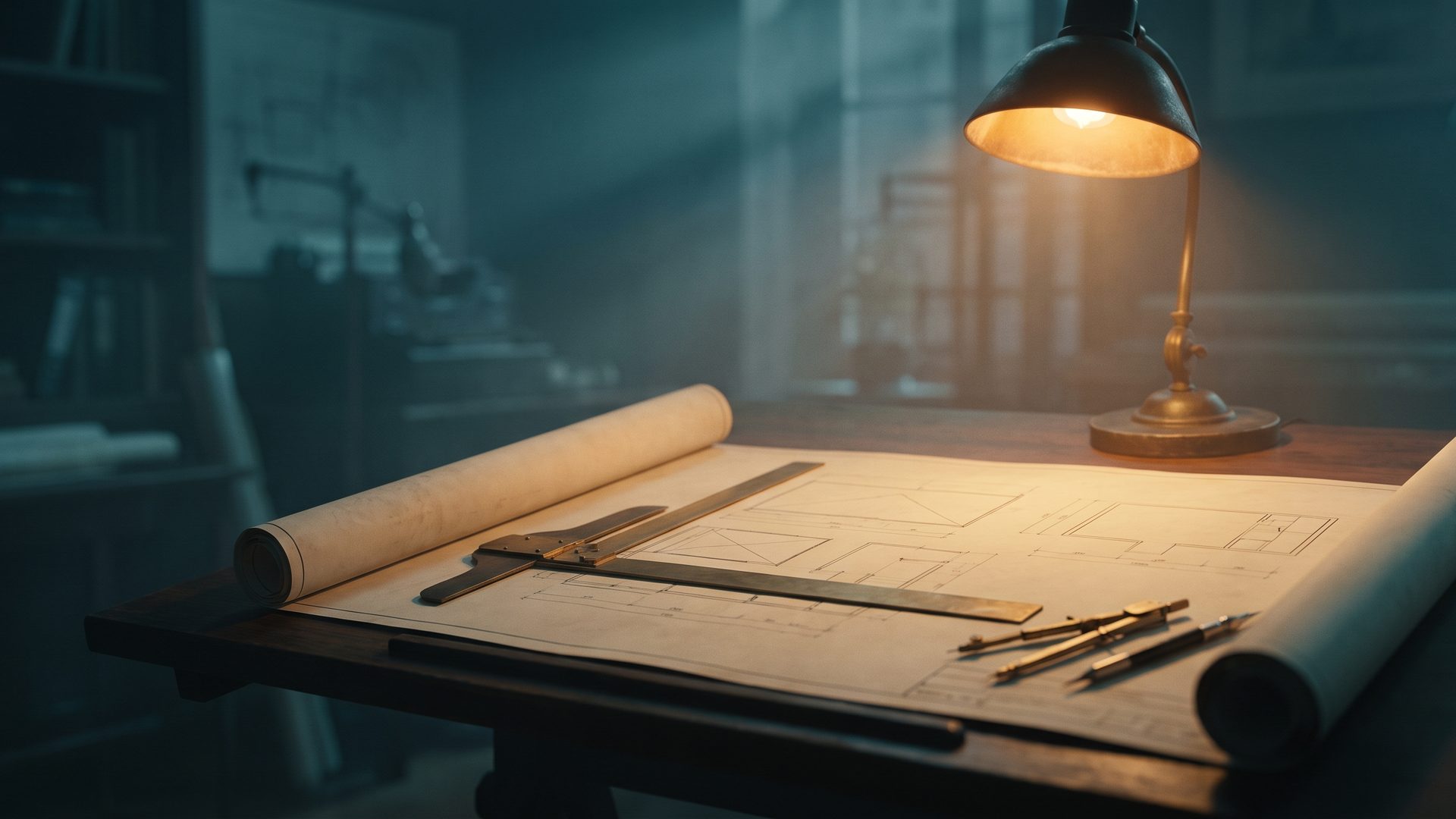 An architect's rolled-out blueprint on a dark drafting table lit warm amber with drafting tools resting on it, the room in deep teal shadow - the plan you draw before anything gets built.