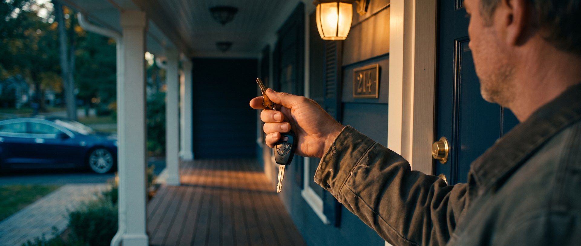 A man on a suburban front porch at golden hour holds one key ring with a brass house key and a car key fob, his navy front door and porch light to the right and a blue sedan parked in the driveway behind