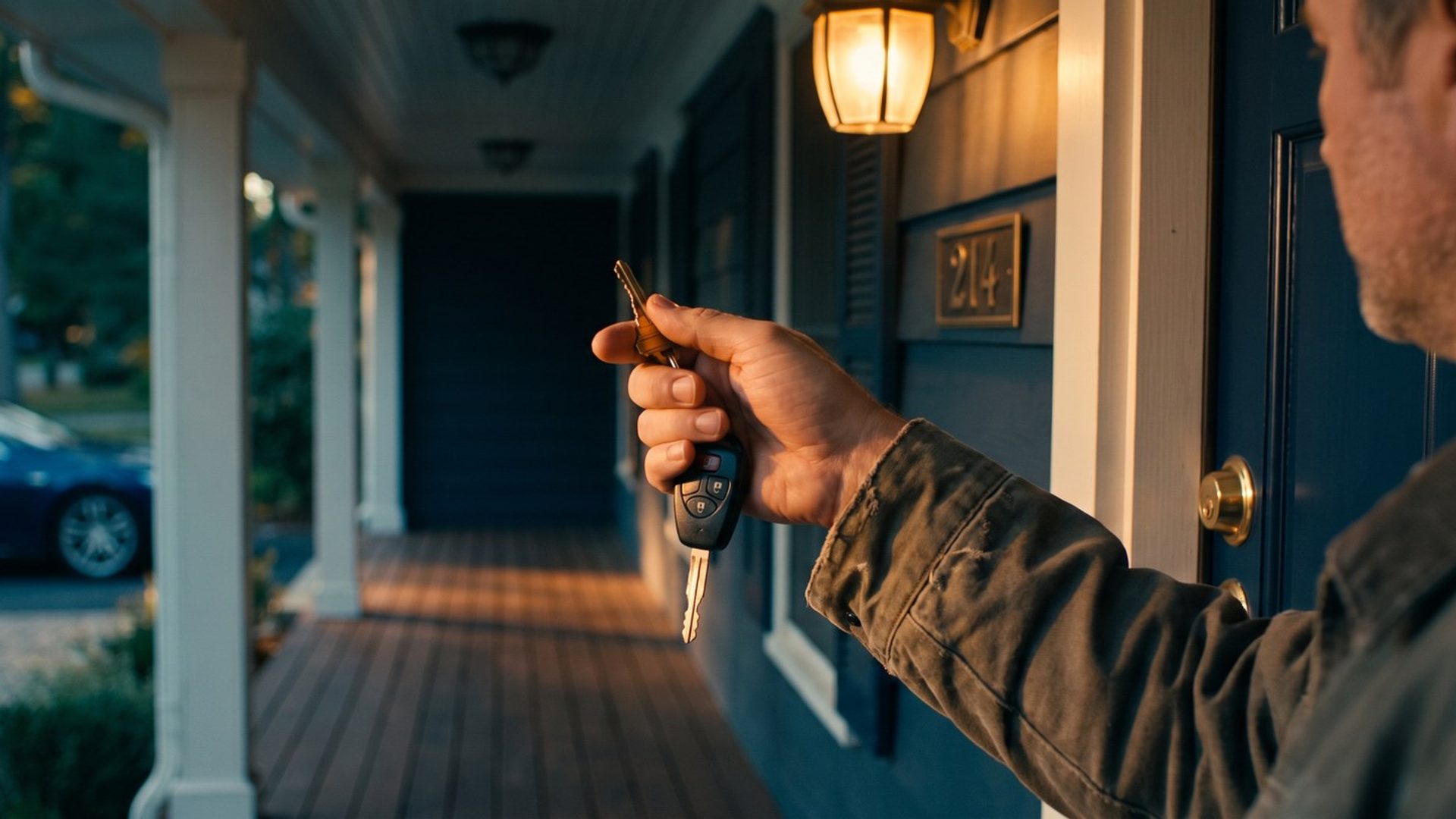 A man on a suburban front porch at golden hour holds one key ring with a brass house key and a car key fob, his navy front door and porch light to the right and a blue sedan parked in the driveway behind