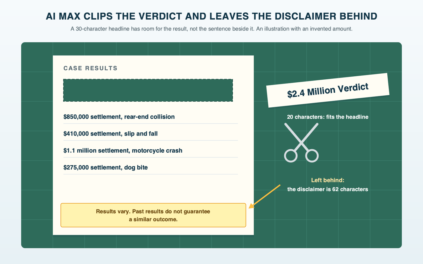A results page on a cutting mat. A pair of scissors has cut out the line "$2.4 Million Verdict" as a 30-character headline; the line "Results vary. Past results do not guarantee a similar outcome." lies uncut at the bottom of the page. An illustration with an invented amount.