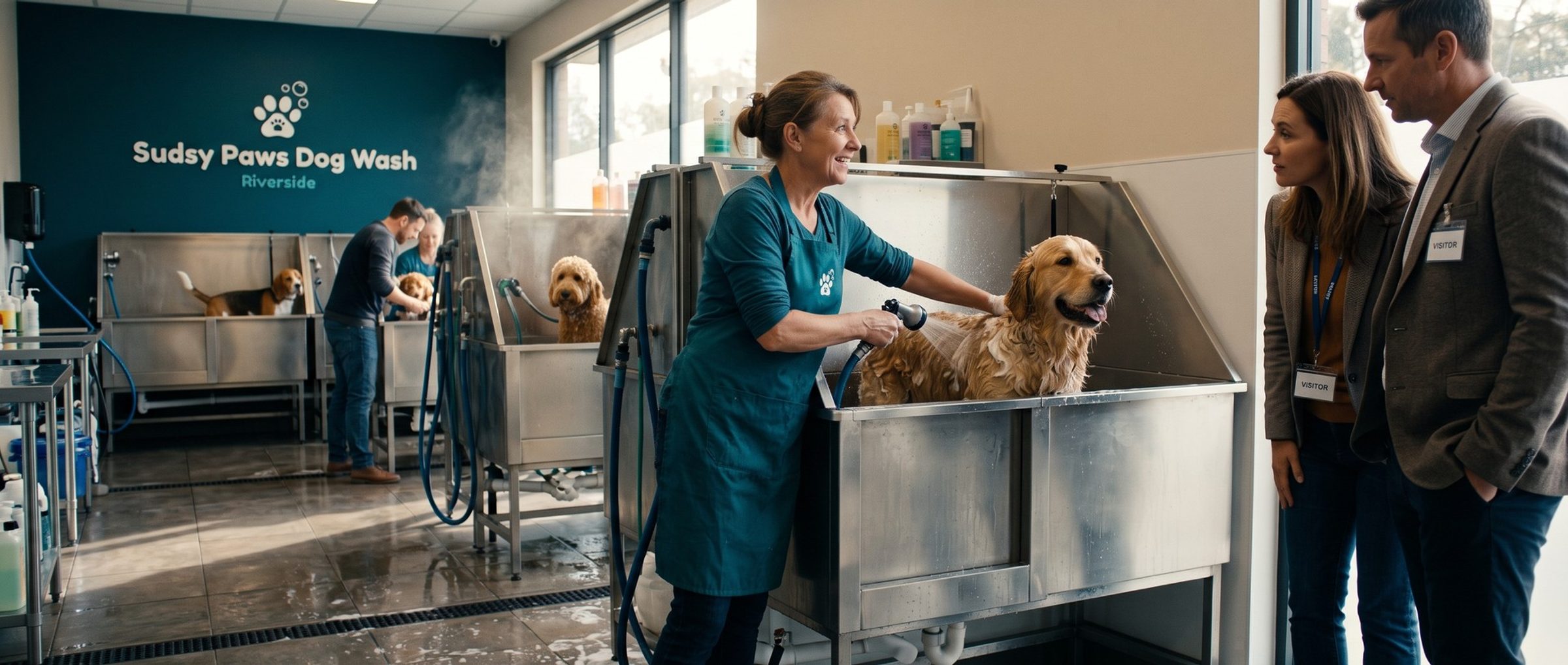 At a busy dog wash, the owner in a teal apron lathers a golden retriever in a raised steel tub while a couple wearing visitor lanyards watches and listens