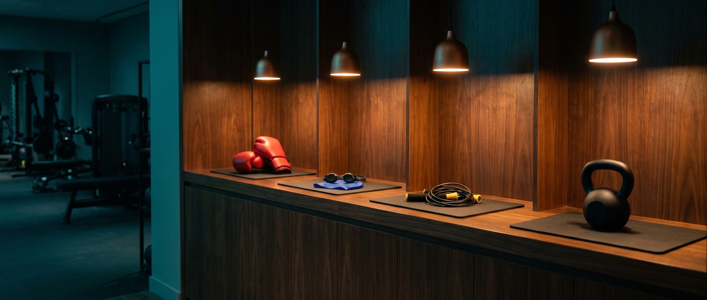 A gym front counter at dawn with four separate stations, each on its own mat under its own pendant lamp: red boxing gloves, swim goggles on a blue swim cap, a coiled jump rope and a black kettlebell