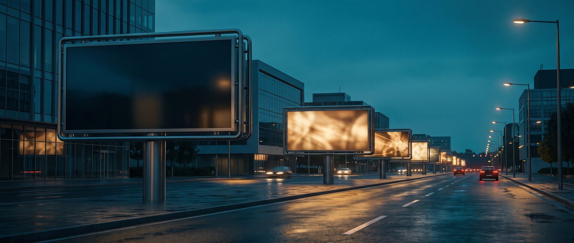 A row of blank advertising billboards receding along a wet city street at dusk, the nearest one dark and completely empty