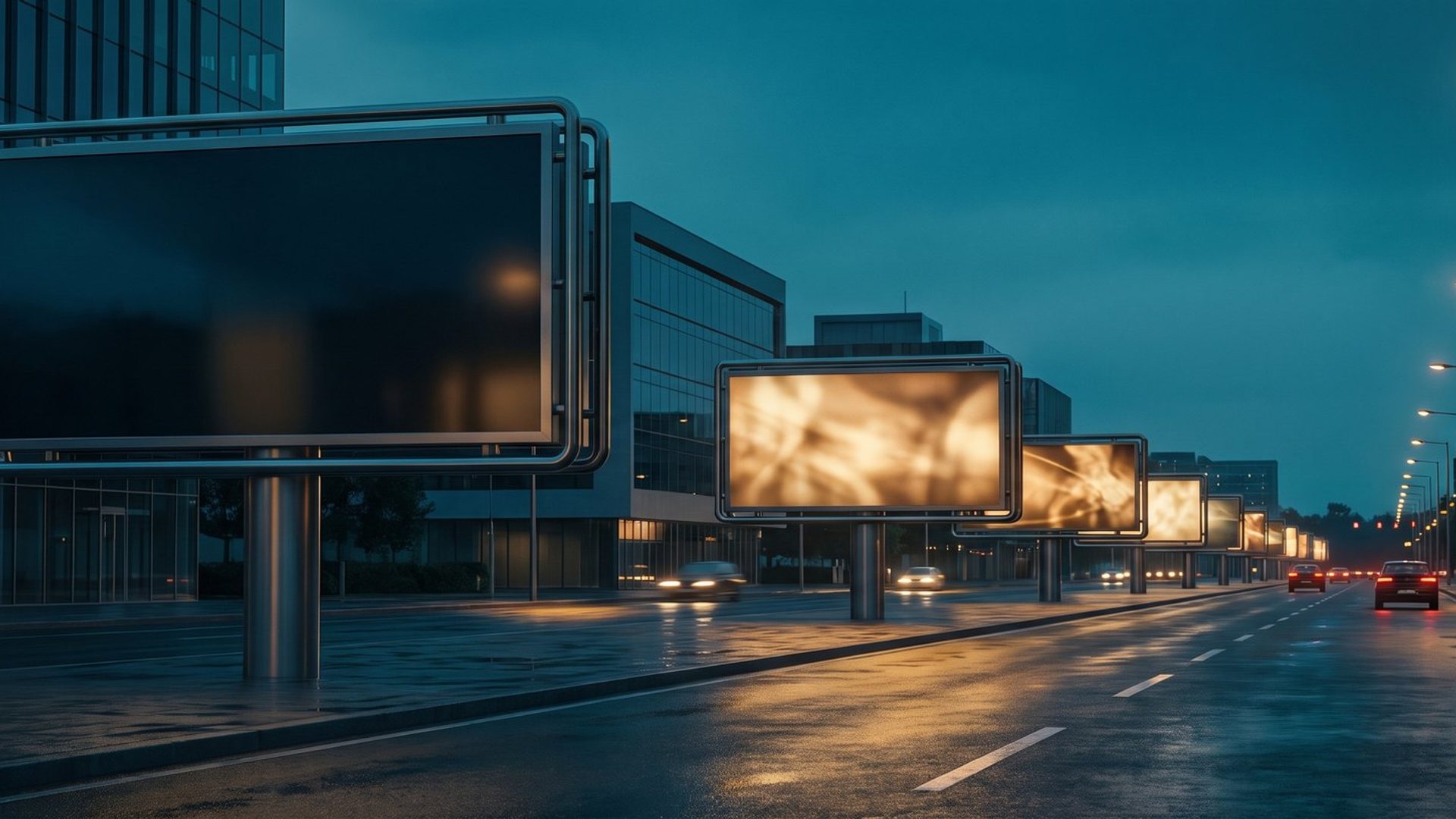 A row of blank advertising billboards receding along a wet city street at dusk, the nearest one dark and completely empty