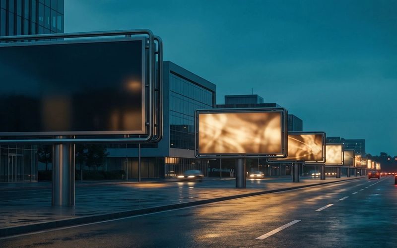 A row of blank advertising billboards receding along a wet city street at dusk, the nearest one dark and completely empty