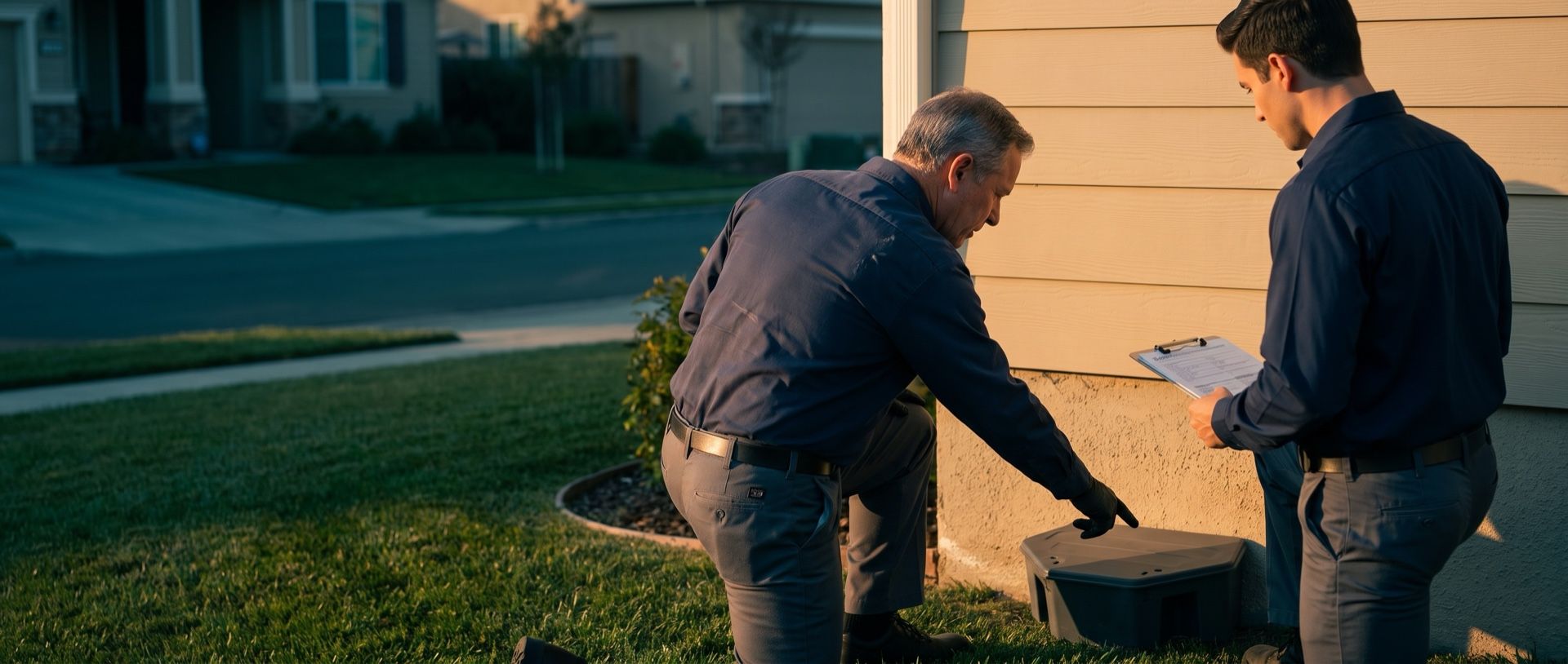 At sunrise, a veteran pest control technician kneels and points to a gray tamper-resistant bait station at a house foundation while a newer technician with a clipboard watches