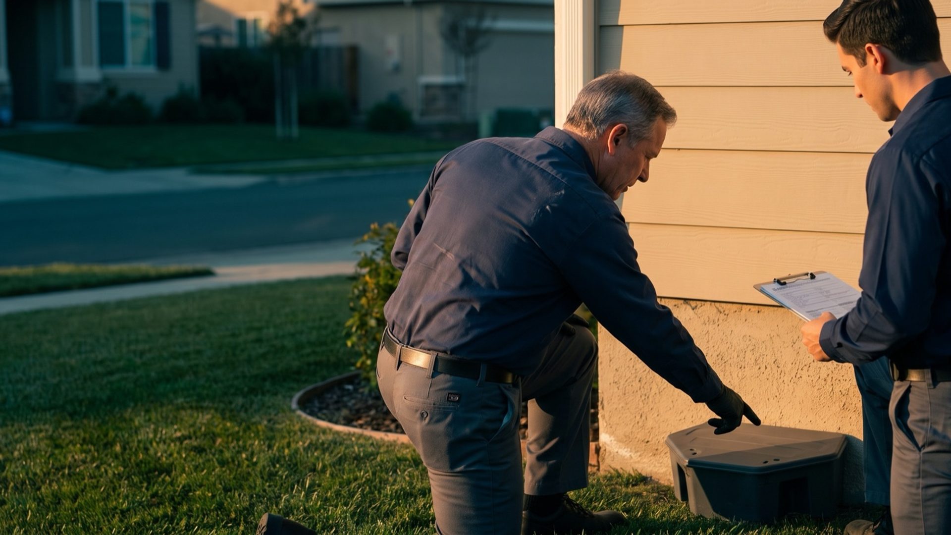 At sunrise, a veteran pest control technician kneels and points to a gray tamper-resistant bait station at a house foundation while a newer technician with a clipboard watches