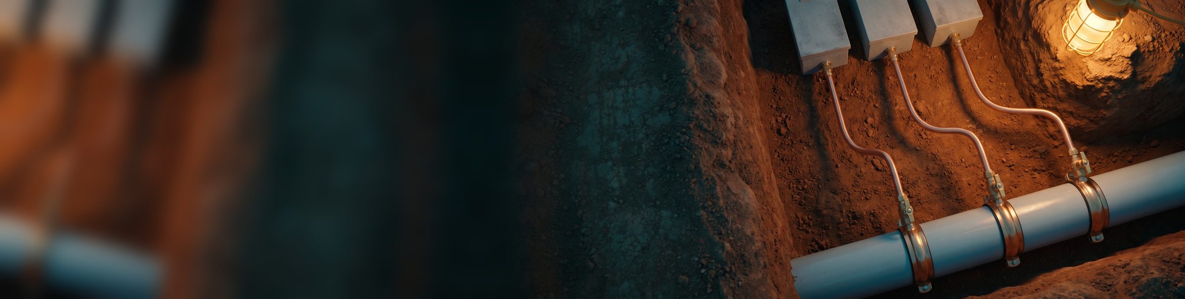 An open dirt trench at dusk looking down on one buried water main with three brass service taps clamped along it, each feeding a curved copper service line up to its own concrete meter box at the trench edge