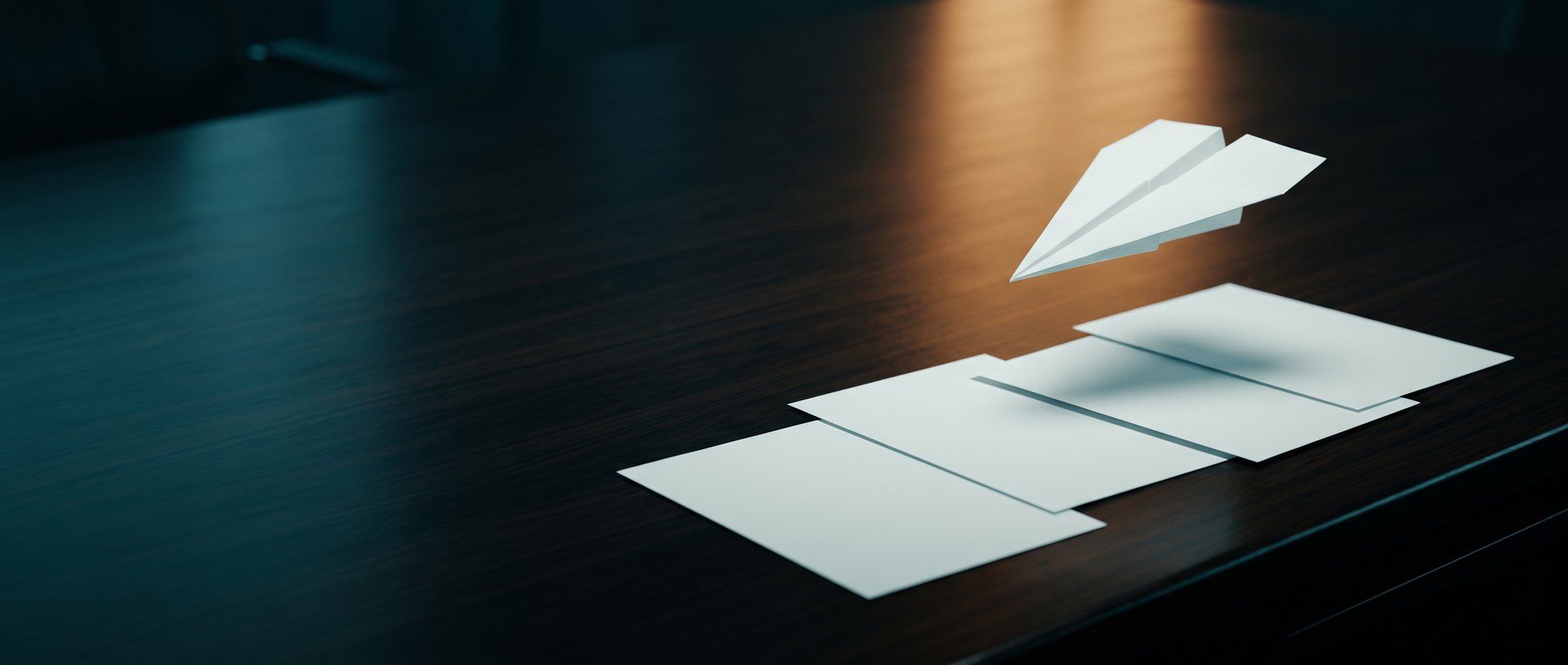 A single paper plane in flight above four flat unfolded sheets on a dark desk