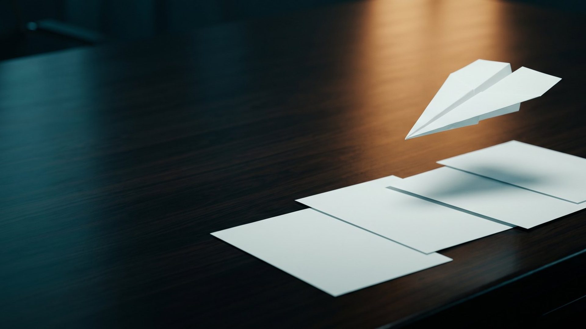 A single paper plane in flight above four flat unfolded sheets on a dark desk