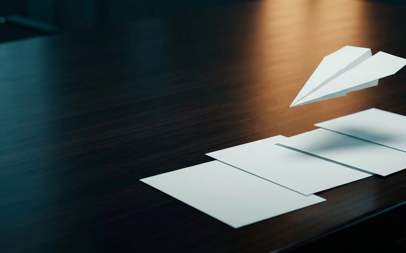 A single paper plane in flight above four flat unfolded sheets on a dark desk