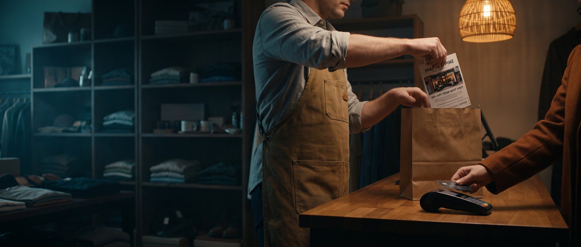 A shopkeeper in a canvas apron drops a small printed promotional flyer into a kraft shopping bag while the customer, already at the counter, taps a card on the payment terminal, lit by a warm amber pendant lamp in a dark teal boutique.