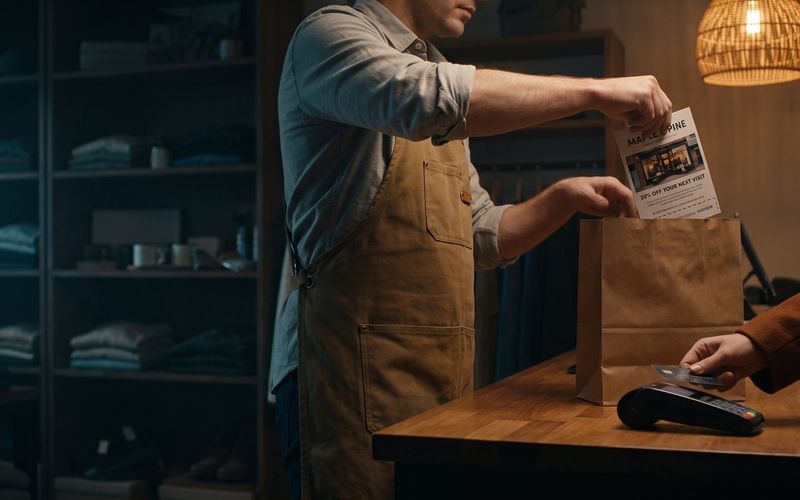 A shopkeeper in a canvas apron drops a small printed promotional flyer into a kraft shopping bag while the customer, already at the counter, taps a card on the payment terminal, lit by a warm amber pendant lamp in a dark teal boutique.