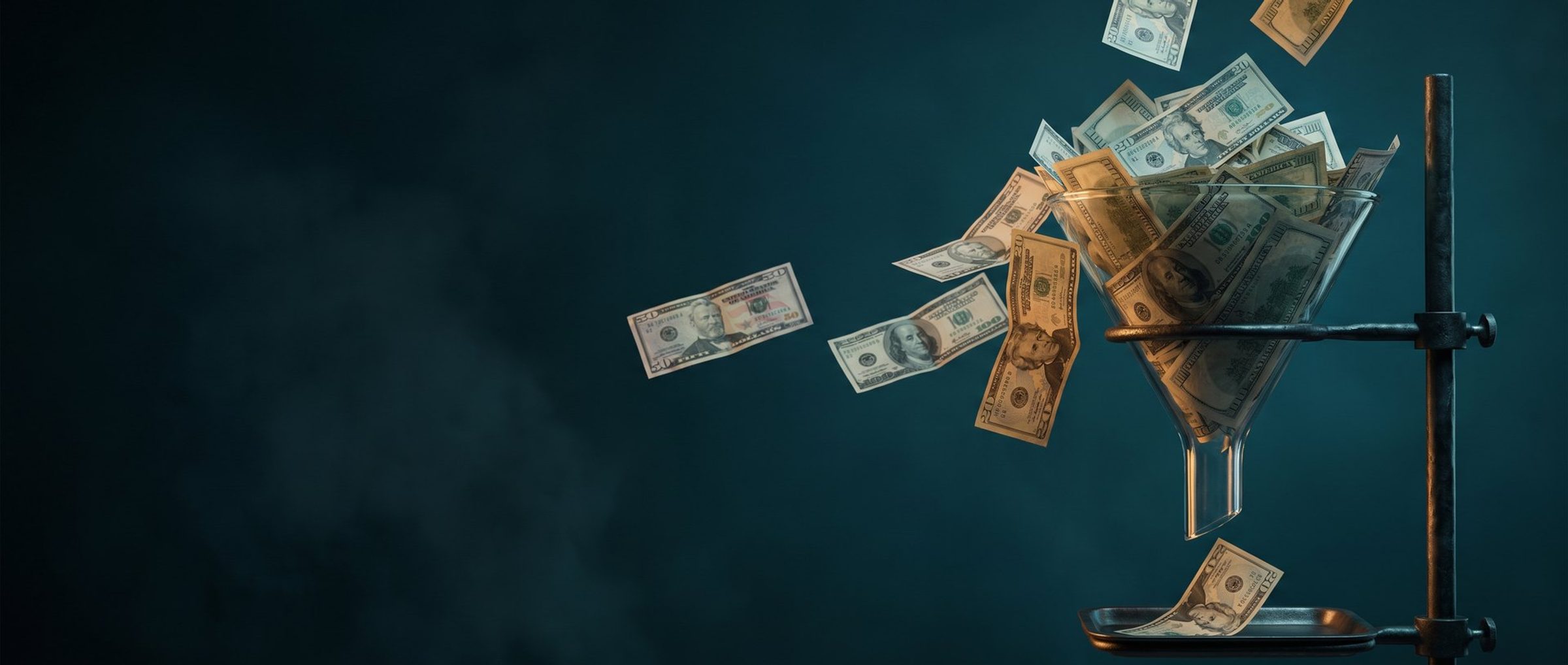 Real twenty, fifty and hundred dollar bills pour into a glass funnel on an iron stand, while a single bill lands alone in the tray under the spout