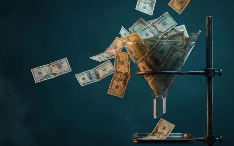 Real twenty, fifty and hundred dollar bills pour into a glass funnel on an iron stand, while a single bill lands alone in the tray under the spout
