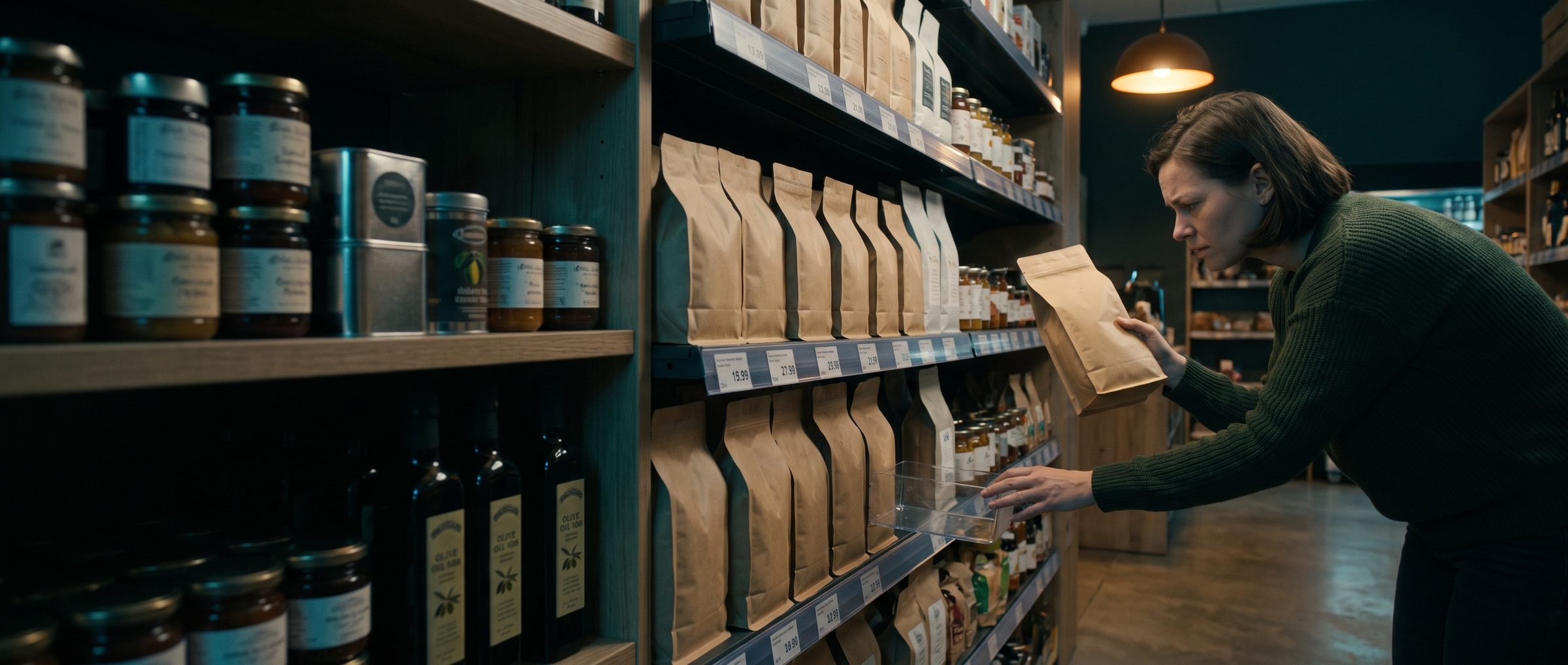 In a small specialty grocery, a shopper holds a bag of coffee and touches the empty price-tag holder on the shelf edge, while every other slot on the shelf shows a price