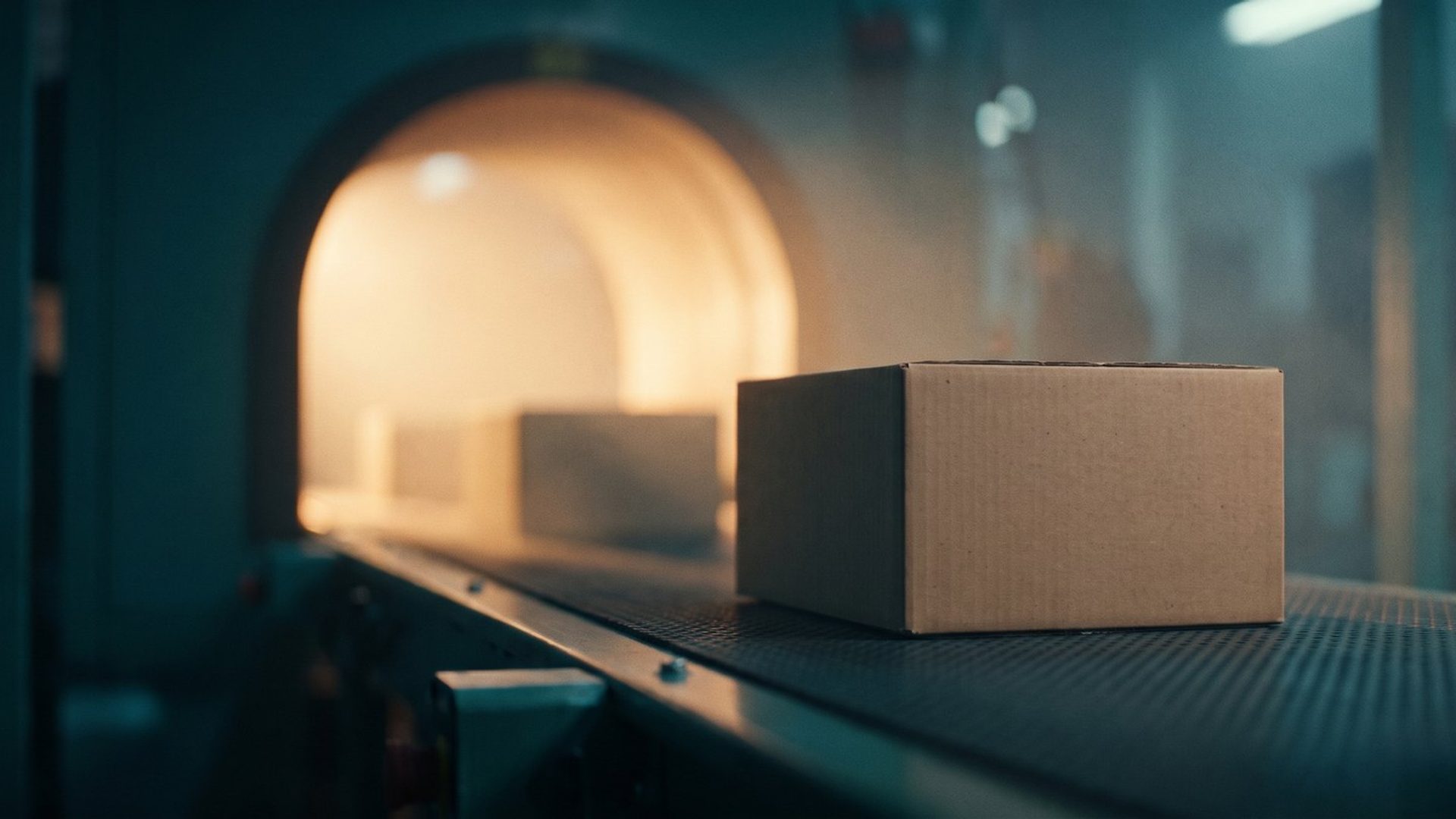 A plain cardboard shipping box riding a dark conveyor belt toward a glowing amber archway in a teal-lit fulfillment center, more boxes following behind it.