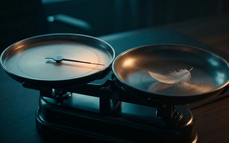 A dial weighing scale with its needle swung to a big reading while the pan holds only a feather -- Meta's number reads higher than reality.