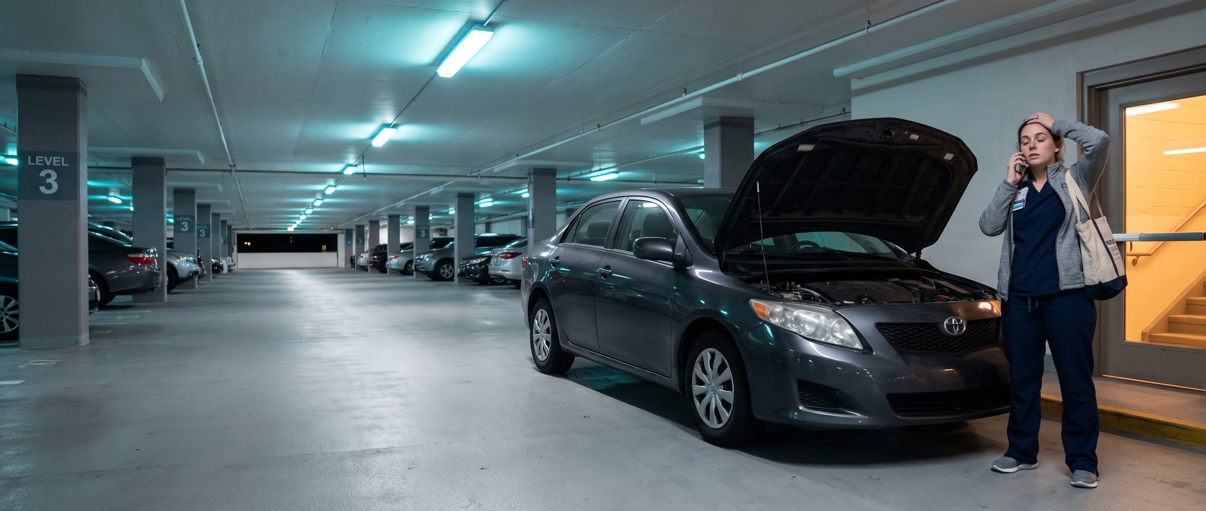 Late at night in a hospital parking garage, a nurse in scrubs stands beside her sedan with the hood up, phone to her ear and a hand on her head, listening to a voicemail greeting