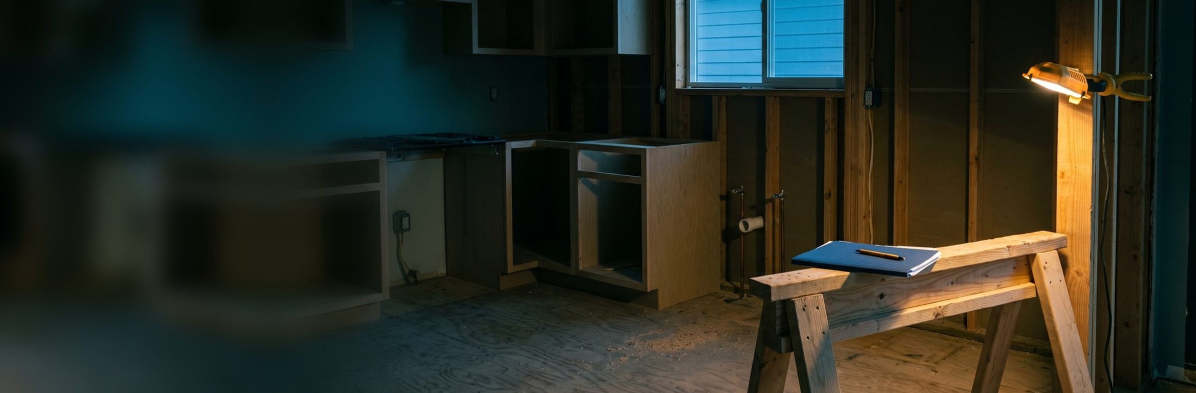 A gutted kitchen at dusk with bare wall studs, unfinished cabinet boxes and plumbing stubs under the window, and a wooden sawhorse holding a closed navy folder and an amber pen in the glow of a work light
