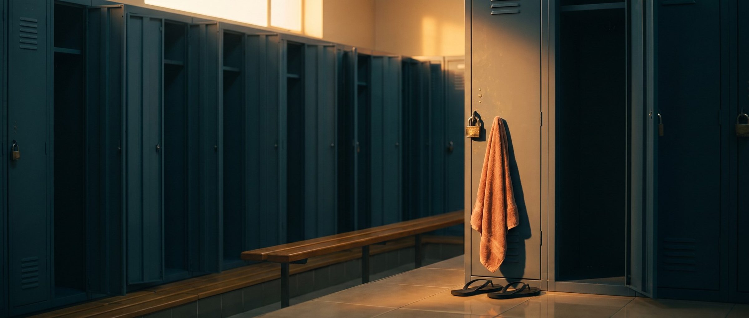 A gym locker room at dawn with a row of open, empty lockers and one locker shut with a scuffed brass padlock, a faded orange towel hanging on its door and worn flip-flops on the floor beneath it