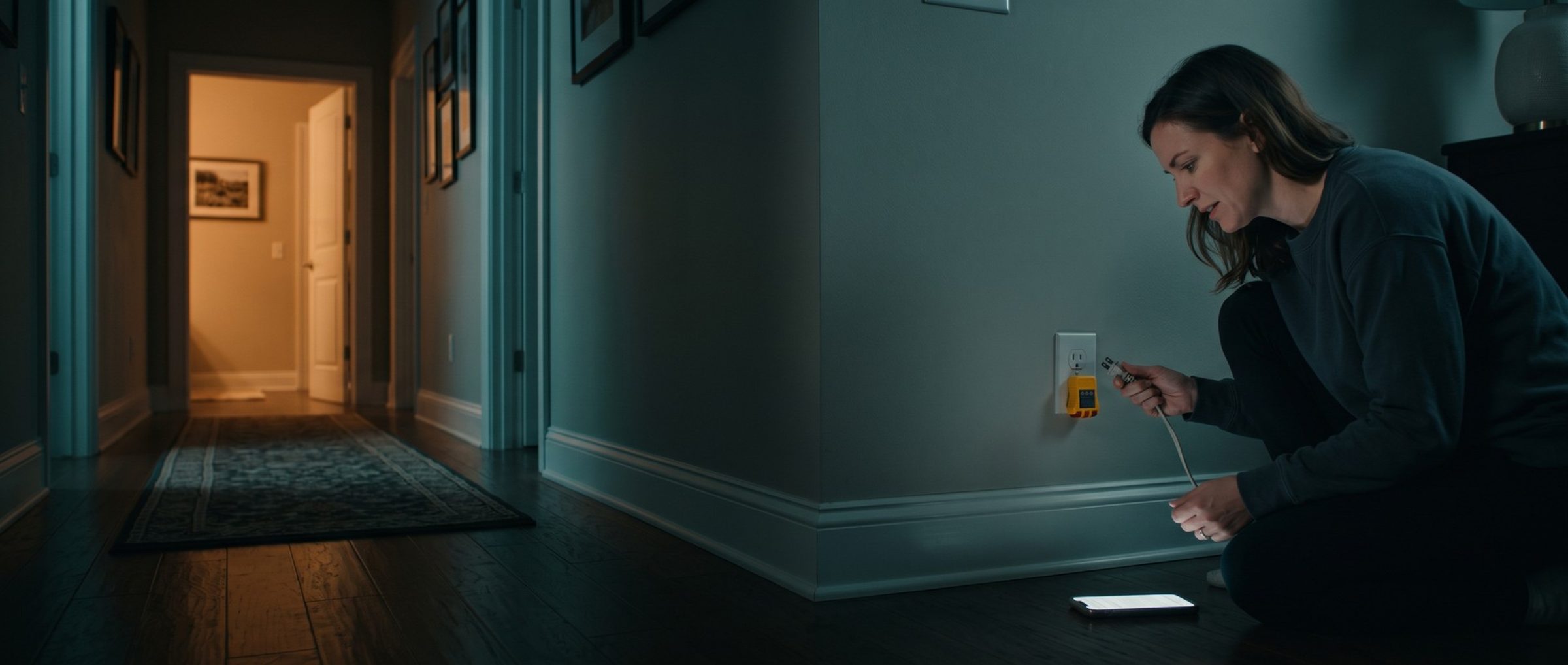 A woman kneels in a dim hallway at night beside a dead wall outlet with an unlit tester plugged in, holding a lamp cord, her phone glowing on the floor