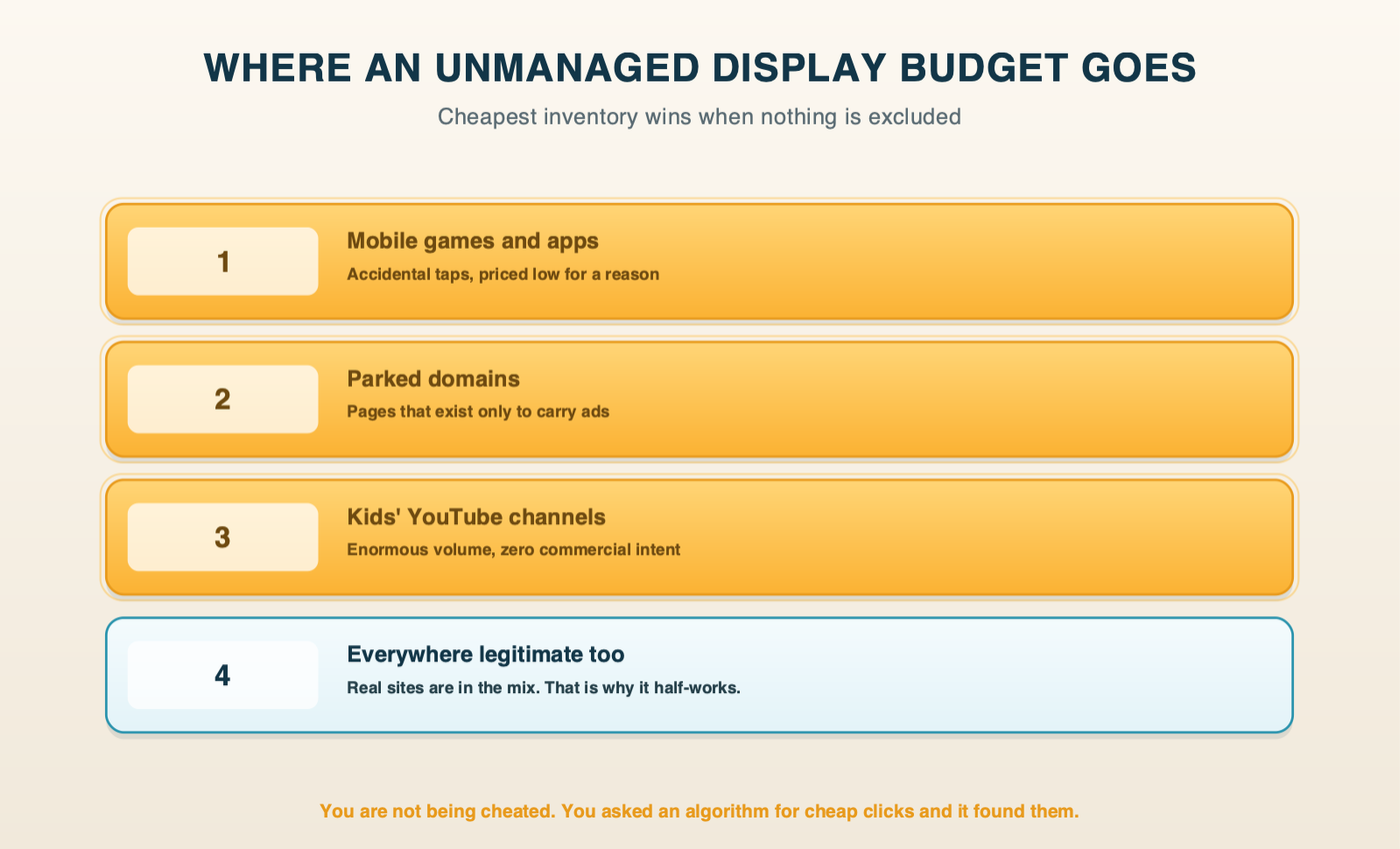 Where an unmanaged display budget goes: mobile games and apps, parked domains, kids YouTube channels, and legitimate sites mixed in