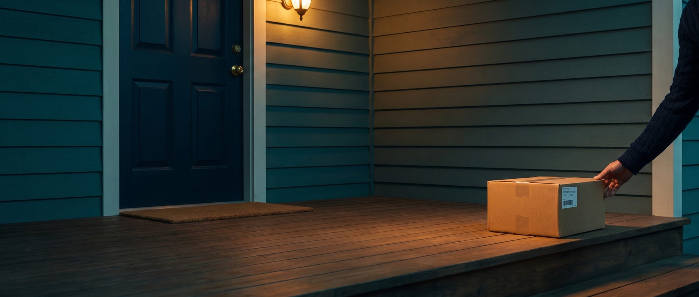 A kraft shipping box with an order label sits on the top step of a front porch at dusk, lit by the porch light, as a hand reaches in from the right to pick it up