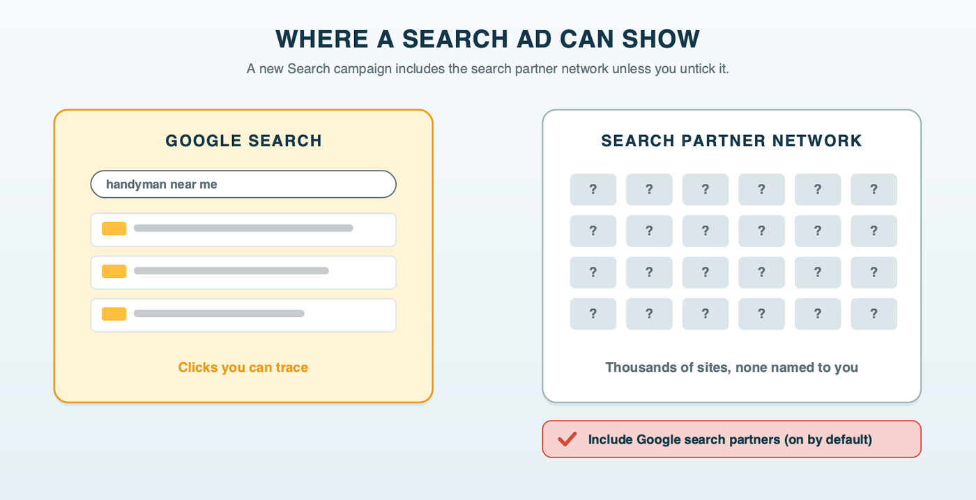 Where a Search ad can show: Google's own search results page on one side, and on the other the search partner network of thousands of sites, with the partner checkbox on by default and no list of which sites showed the ad
