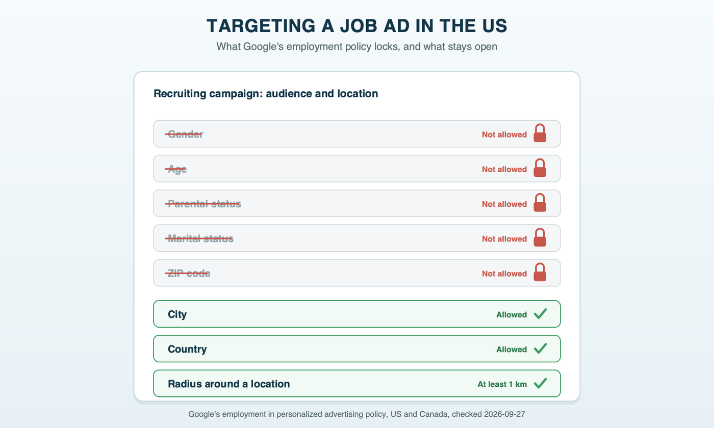 The job-ad targeting form. Struck through and locked: gender, age, parental status, marital status and ZIP code. Open: city, country, and a radius of at least 1 kilometer around a location. Source: Google's employment in personalized advertising policy, US and Canada