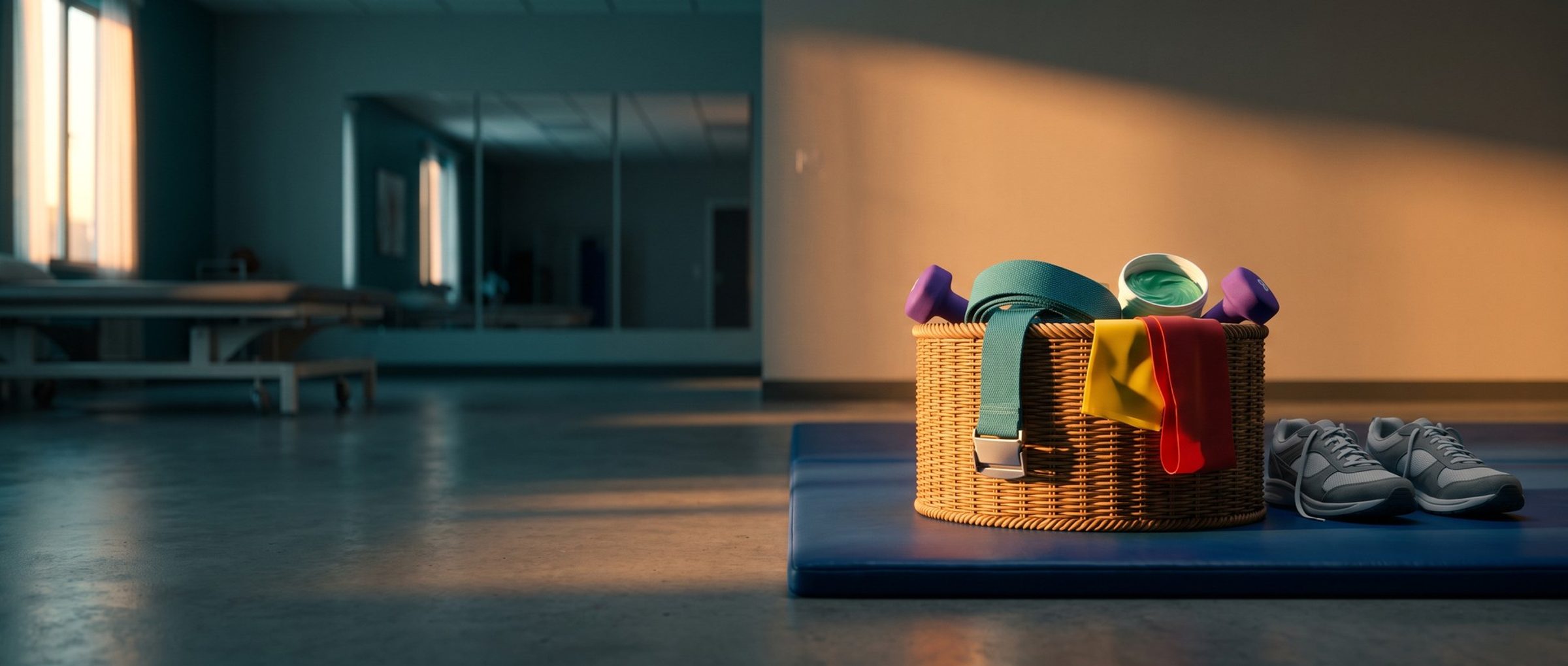 A woven basket of physical therapy tools on a blue therapy mat in a nursing home gym, with a teal gait belt, yellow and red resistance bands, purple hand weights, therapy putty and a pair of gray sneakers beside it in morning light