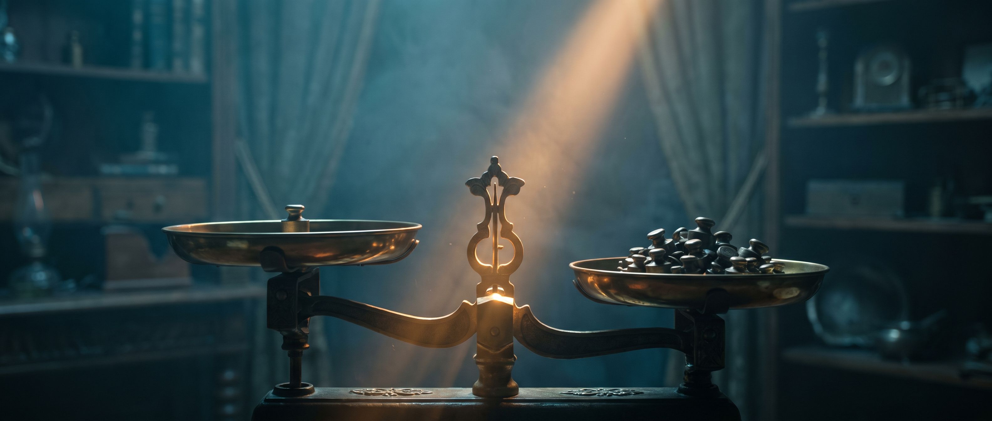An elegant brass balance scale in deep teal shadow, a single small weight on one pan and a heap of many small weights on the other, the pivot at the center glowing warm amber - weighing too few against too many to find the balance.