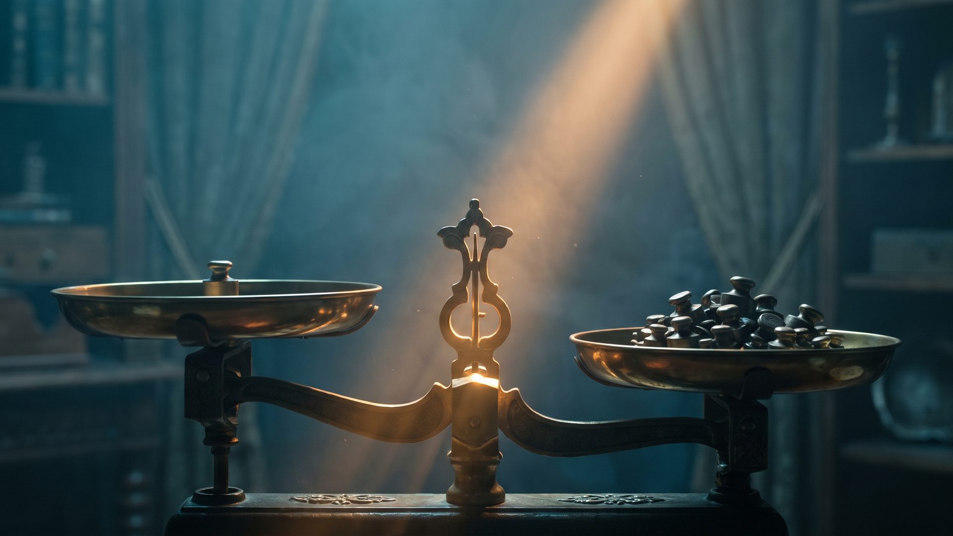 An elegant brass balance scale in deep teal shadow, a single small weight on one pan and a heap of many small weights on the other, the pivot at the center glowing warm amber - weighing too few against too many to find the balance.