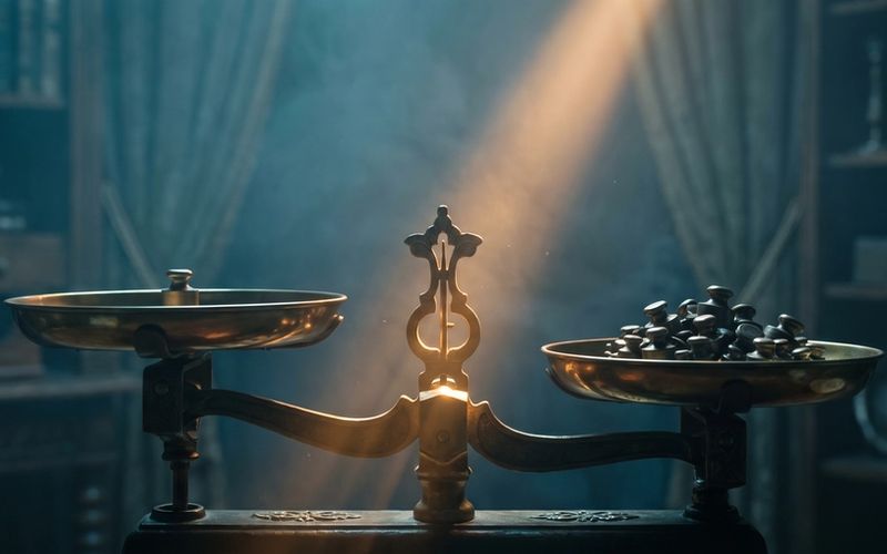 An elegant brass balance scale in deep teal shadow, a single small weight on one pan and a heap of many small weights on the other, the pivot at the center glowing warm amber - weighing too few against too many to find the balance.