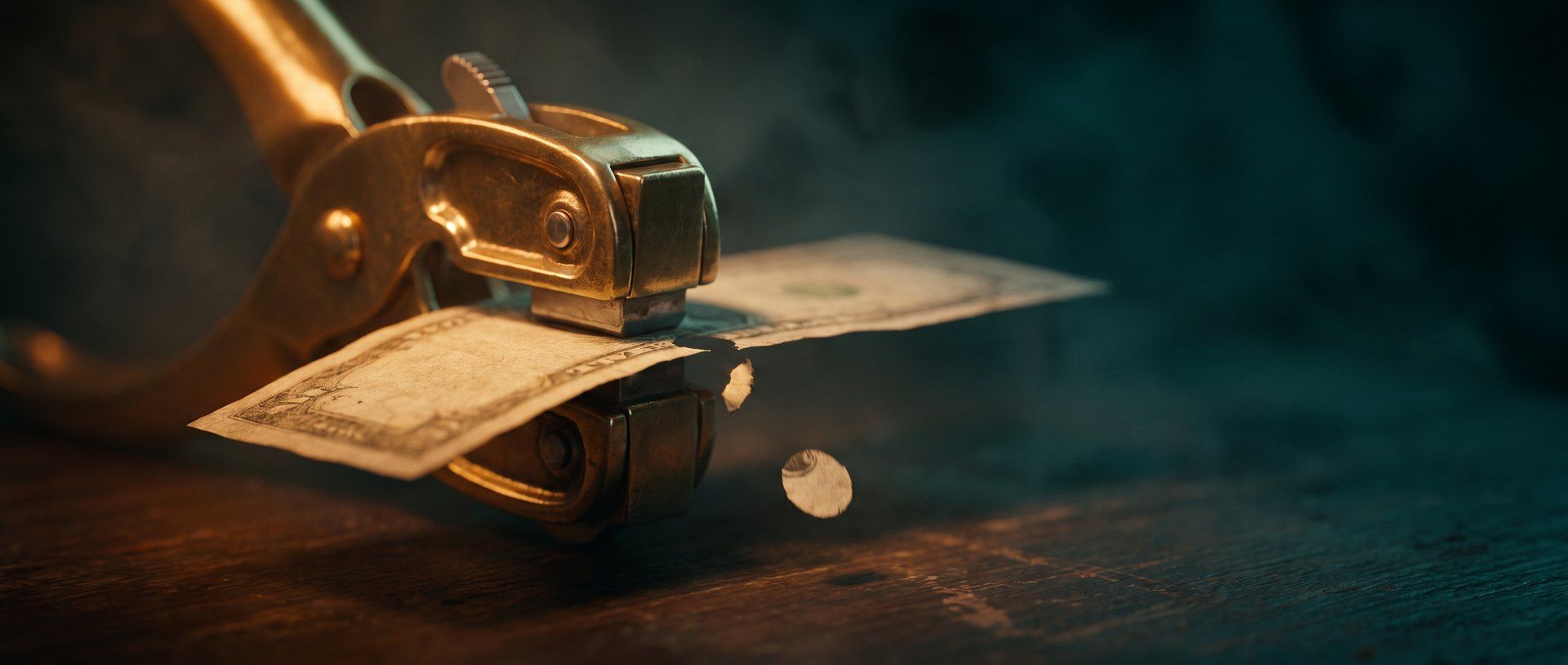 A brass conductor's ticket punch closing on a paper banknote, a punched chad falling away
