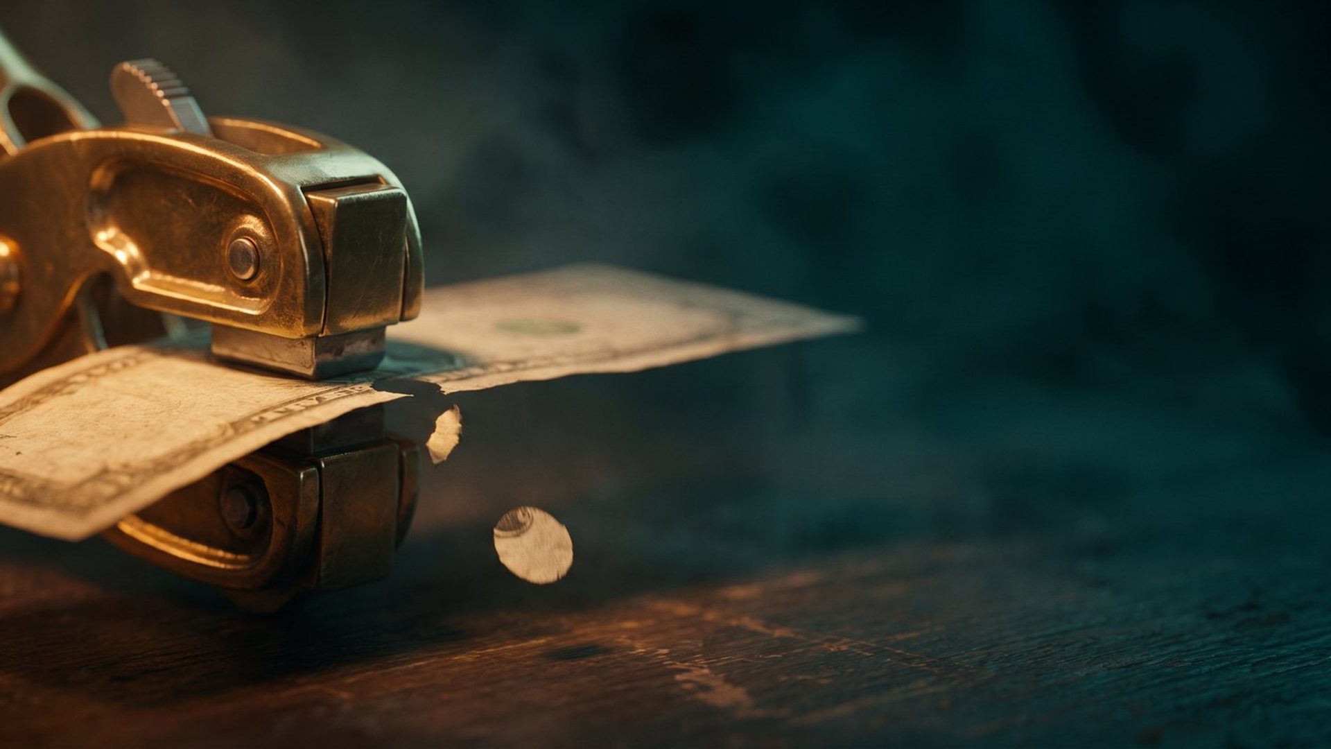A brass conductor's ticket punch closing on a paper banknote, a punched chad falling away