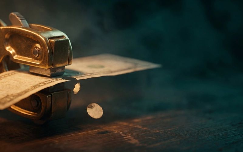 A brass conductor's ticket punch closing on a paper banknote, a punched chad falling away